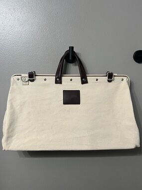 Small Canvas Weekender Bag with Dark Brown Leather Trim - Cream